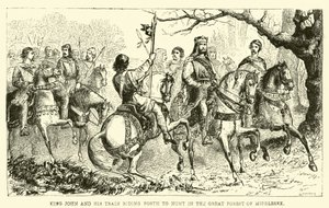 Rei João e seu trem cavalgando para caçar na Grande Floresta de Middlesex de English School