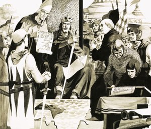 Rei João se prepara para assinar a Magna Carta em Runnymede de English School