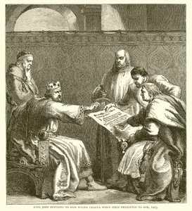 Rei João recusando-se ao signo Magna Charta quando lhe foi apresentado pela primeira vez, 1215 de English School