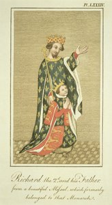 Rei Ricardo II (1367-1400) com seu pai Eduardo (1330-76) o Príncipe Negro, ilustração de A Visão Completa do Vestido e Hábitos do Povo da Inglaterra Volume II, publicado em 1799 (colorido de English School