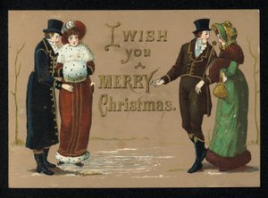 Senhoras e senhores com as suas roupas de inverno, cartão de boas festas de Natal. (chromolitho) de English School