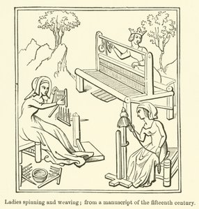 Mulheres fiando e tecendo, a partir de um manuscrito do século XV (gravura) de English School