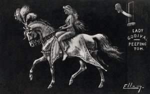 Lady Godiva montada nua a cavalo pelas ruas de Coventry, vigiada por um Peeping Tom (litho) de English School