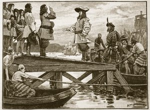 Desembarque de Marshall Schomberg em Carrickfergus, ilustração de Cassells Illustrated History of England (foto em sépia) de English School