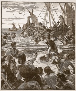 Desembarque dos romanos na costa de Kent, ilustração da história ilustrada de Cassells da Inglaterra (foto sépia) de English School