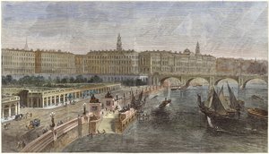 Escadas de desembarque e jardins ornamentais entre pontes Hungerford e Waterloo de English School