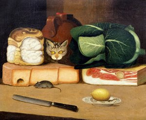 Despensa ainda vida com um gato caçando um rato, c.1840