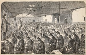 Grande Oakum-room (sob o Sistema Silencioso) na Casa de Correção de Middlesex, Coldbath Fields, ilustração de The Criminal Prison of London e Scenes from Prison Life por Henry Mayhew e John de English School