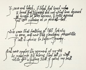 As últimas dez linhas do senhor Philip Sidneys Astrophel Sonnet descrevendo como gradualmente, e muito tarde, ele percebeu seus próprios sentimentos sobre Stella. de English School