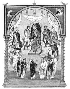 Lat 1 f.423r Carlos, o Calvo, rei da França (823-1777) entronizado, encomendado pelo abade Vivian do mosteiro de São Martinho em Tours, da Primeira Bíblia de Carlos, o Calvo, 843-51, ilustração de English School