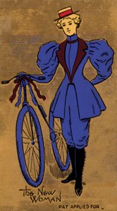 Mulher do final do século XIX ou início do século XX e a sua bicicleta, um símbolo do início da libertação das mulheres (litografia a cores) de English School