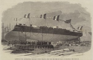 Lançamento do Affondatore, fragata de cúpula revestida de ferro, construída para o rei da Itália em Millwall, 1865 de English School