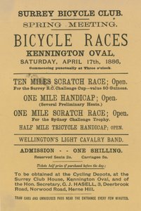 Folheto publicitário de corridas de bicicleta em Kennington Oval, 17 de abril de 1886 de English School