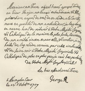 Carta de Jorge I a Carlos VI, 1717, publicada em &39;Leisure Hour&39;, 1891 de English School