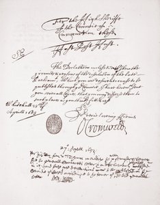 Carta de Oliver Cromwell, abril de 1653 de English School