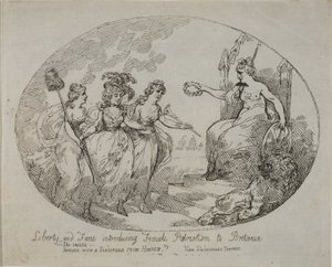 Liberdade e Fama introduzindo o Patriotismo Feminino; Britannia e a Duquesa de Devonshire (gravura) de English School