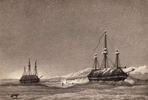 Primeira viagem do tenente William Parry: HMS Hecla e HMS Griper em Winter Harbor, c.1819 (caneta e tinta e lavagem em papel) de English School