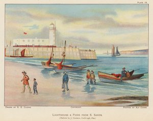 Farol e cais de South Sands, Scarborough (litografia a cores) de English School