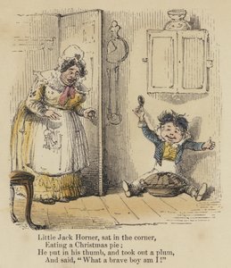 O pequeno Jack Horner, sentou-se no canto, a comer uma tarte de Natal, meteu o polegar e tirou uma ameixa, e disse: "Que rapaz corajoso sou eu!" (gravura colorida) de English School
