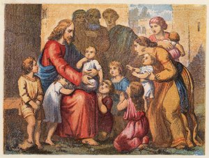 Criancinhas levadas a Jesus (litografia a cores) de English School