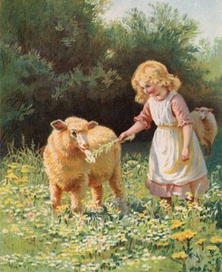 Menina alimentando uma flor a uma ovelha num prado (chromolitho) de English School