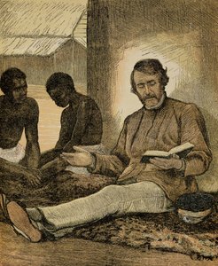 Livingstone a ler a Bíblia (gravura a cores) de English School
