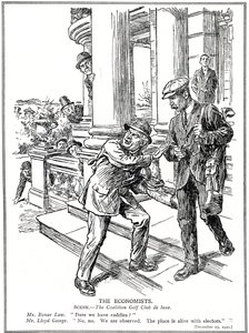 Lloyd George e Bonar Law no Coalition Golf Club, temerosos da liga Anti-Lixo, precisam renunciar ao luxo dos caddies. Dezembro de 1920 de English School