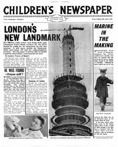 Novo marco de Londres: The Post Office Tower, primeira página do &39;The Children&39;s Newspaper&39;, abril de 1963 (papel de jornal)