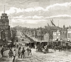 Olhando para o leste pela Bourke Street, Melbourne, c.1880, de "Australian Pictures", de Howard Willoughby, publicado pela Religious Tract Society, Londres, 1886 de English School