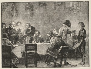Lorde Monteagle e a carta de advertência sobre o Pólo da Pólvora, ilustração da História Ilustrada de Cassells da Inglaterra (foto em sépia) de English School