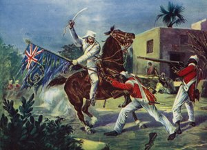 Lord Roberts lutando contra dois sipaios sobre o padrão britânico em Khudaganj, pelo qual foi premiado com a Victoria Cross durante o motim indiano de English School