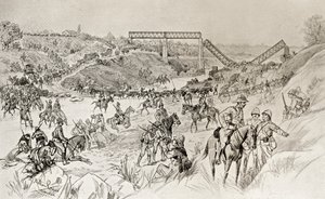 Coluna de Lord Roberts a atravessar o Sand River Drift durante a Segunda Guerra dos Bóeres, de "South Africa and the Transvaal War" de Louis Creswicke, publicado em 1900 (litografia) de English School