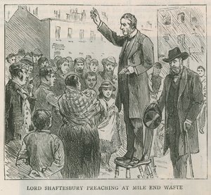 Lord Shaftesbury pregando em Mile End Waste, Londres de English School