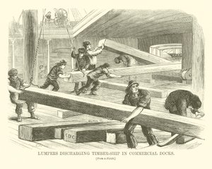 Carregadores a descarregar navios de madeira em docas comerciais (gravura) de English School