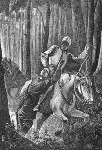 Lutero atacado por cavaleiros mascarados na Floresta da Turíngia, ilustração da História do Protestantismo por James Aitken Wylie (1808-1890), pub. 1878 de English School
