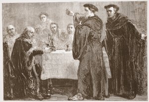 Lutero desafiando Carlstadt a escrever contra ele, ilustração de A História do Protestantismo, de James Aitken Wylie (1808-1890), pub. 1878 de English School