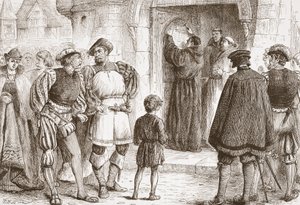 Lutero pregando suas Teses à porta do Schloss-Kirk em Wittemberg, ilustração de A História do Protestantismo por James Aitken Wylie (1808-1890), pub. 1878 de English School