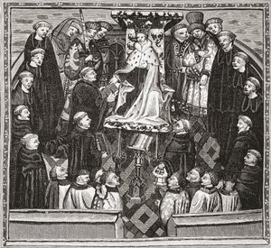 Lydgate apresentando seu livro ao rei Henry V, de "Uma Breve História do Povo Inglês" por JR Green, publicado em 1893 de English School