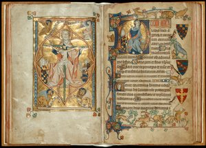 MS 242 f. 28v-29r O Trono da Misericórdia com patronos, Cristo abençoando com um patrono, c.1314-30 (folha de ouro e têmpera sobre pergaminho) de English School
