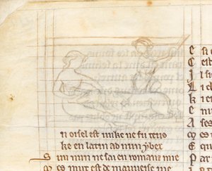 MS McClean 123 f.40v Underdrawing para uma miniatura mostrando um caçador pegando um unicórnio deitado nu no colo de uma virgem, de 