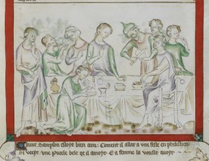 MS Royal 2 BVII, f.43 Encontro de Sansão e Dalila em uma festa filistéia, detalhe de 