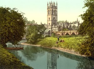 Magdalen Tower, Oxford (foto colorida à mão) de English School