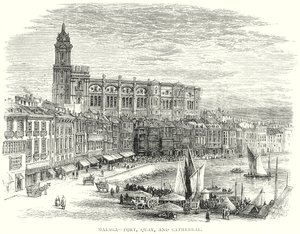 Málaga - Porto, cais e catedral (gravura) de English School