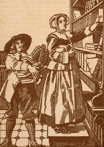 Varejistas masculinos e femininos trabalhando em uma livraria do século 17 (lito) de English School