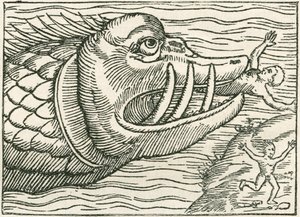 Homem a ser comido por uma serpente marinha. Ilustração encontrada na margem de um mapa elaborado por Olaus Magnus de English School