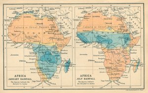 Mapa: África, Precipitação em janeiro, Precipitação em julho (litografia a cores) de English School