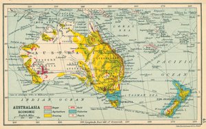 Mapa: Australásia, Económico (litografia a cores) de English School