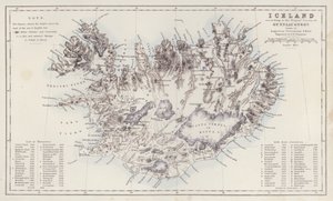 Mapa: Islândia, de acordo com o levantamento Trigon de Gunnlaugsson, desenhado por Augustus Petermann (litografia a cores) de English School