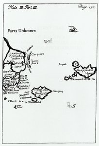 Mapa da Gullivers Travels por Jonathan Swift (1667-1745)