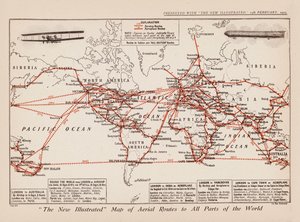 Mapa das rotas aéreas para todas as partes do mundo (litografia a cores) de English School
